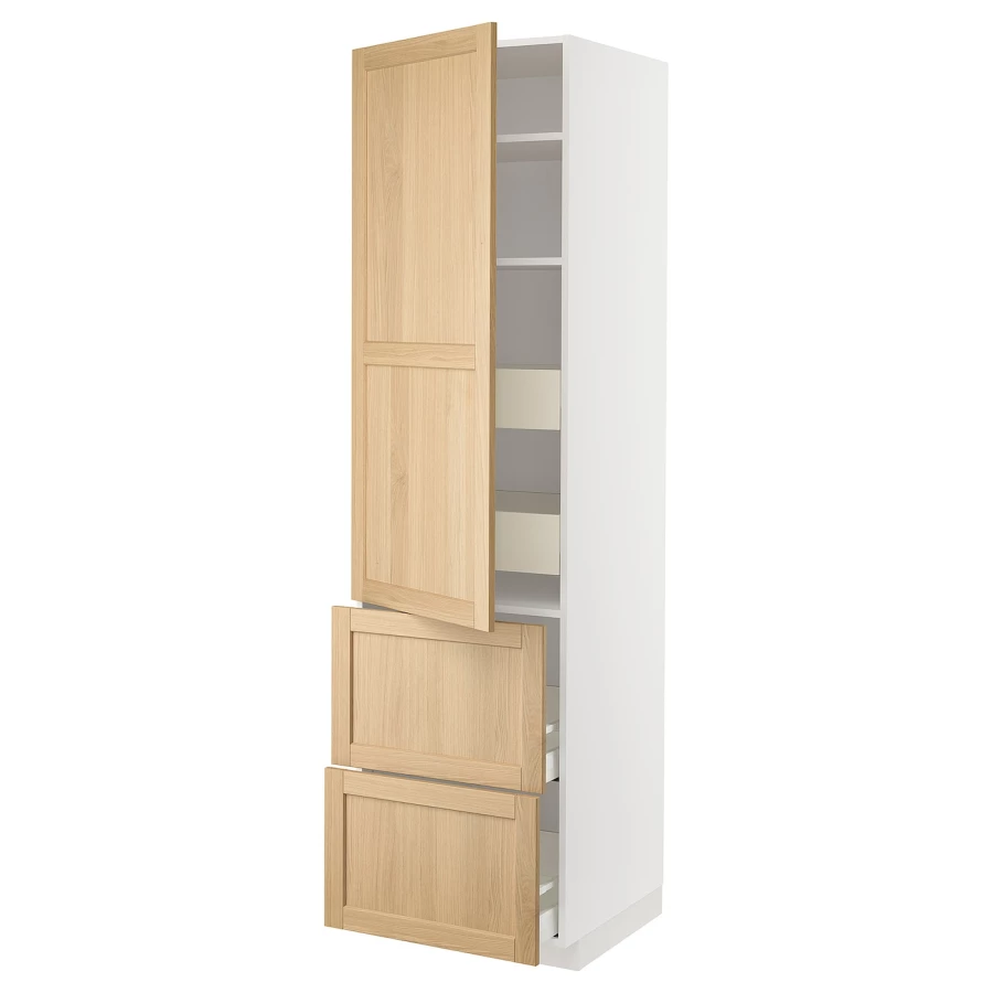 Высокий шкаф с ящиками - IKEA METOD/MAXIMERA/МЕТОД/МАКСИМЕРА ИКЕА, 220х60х60 см, белый/светло-коричневый (изображение №1)