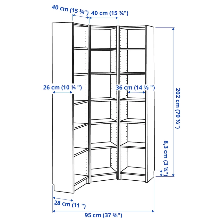 Угловой книжный шкаф - BILLY IKEA/БИЛЛИ ИКЕА, 28х95х202 см, белый (изображение №4)