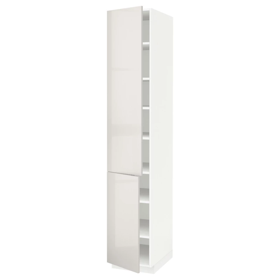 Высокий кухонный шкаф с полками - IKEA METOD/МЕТОД ИКЕА, 220х60х40 см, белый/светло-серый глянцевый (изображение №1)
