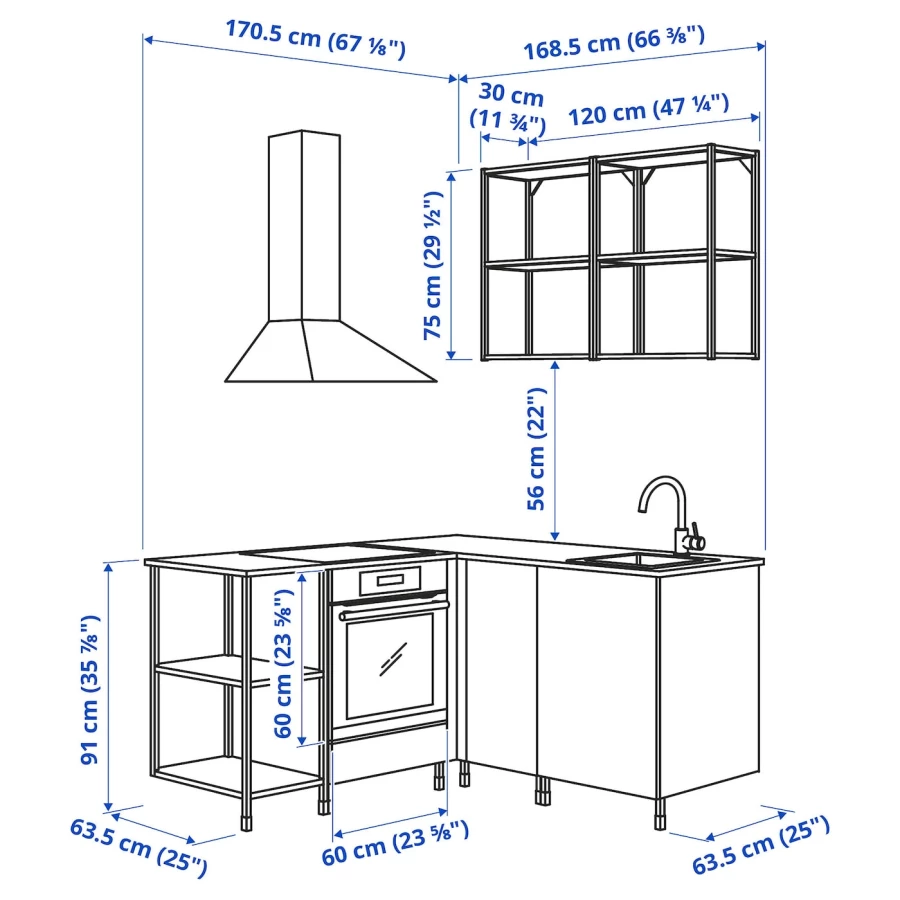 Угловая кухня -  ENHET  IKEA/ ЭНХЕТ ИКЕА, 170,5х75 см, белый/черный (изображение №3)