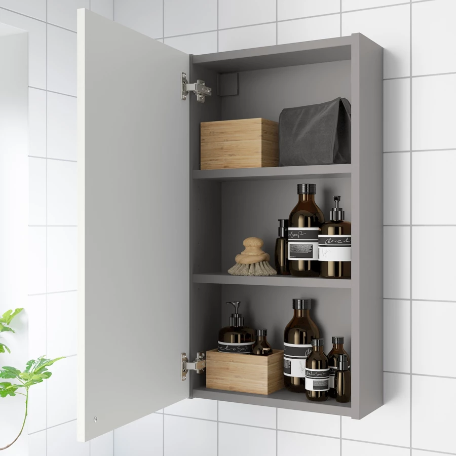 Настенный шкаф для ванной комнаты - ENHET IKEA/ ЭНХЕТ ИКЕА, 40x15x75 см, белый/серый (изображение №2)