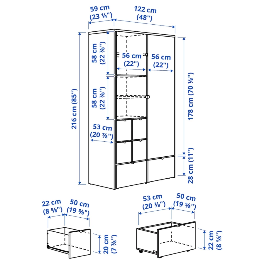 Платяной шкаф  - VIHALS IKEA/ ВИХАЛС ИКЕА, 122x59x216 см, белый (изображение №5)