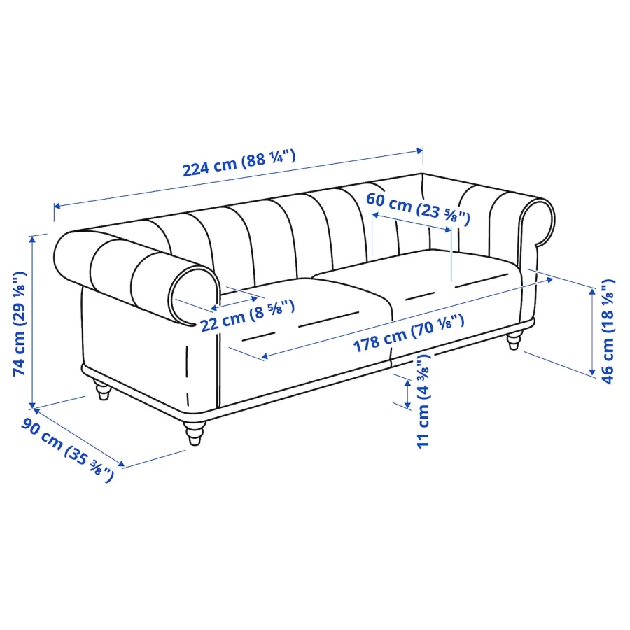 3-местный диван - IKEA VISKAFORS, 74x90x224см, серый/светло-серый, ВИСКАФОРС ИКЕА (изображение №8)