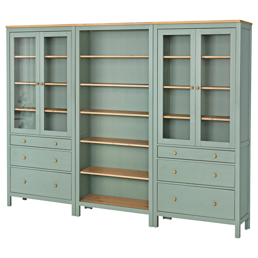 Комбинация для хранения - IKEA HEMNES/ ХЕМНЕС ИКЕА, 270x197 см, серо-зеленый/светло-коричневая морилка (изображение №1)