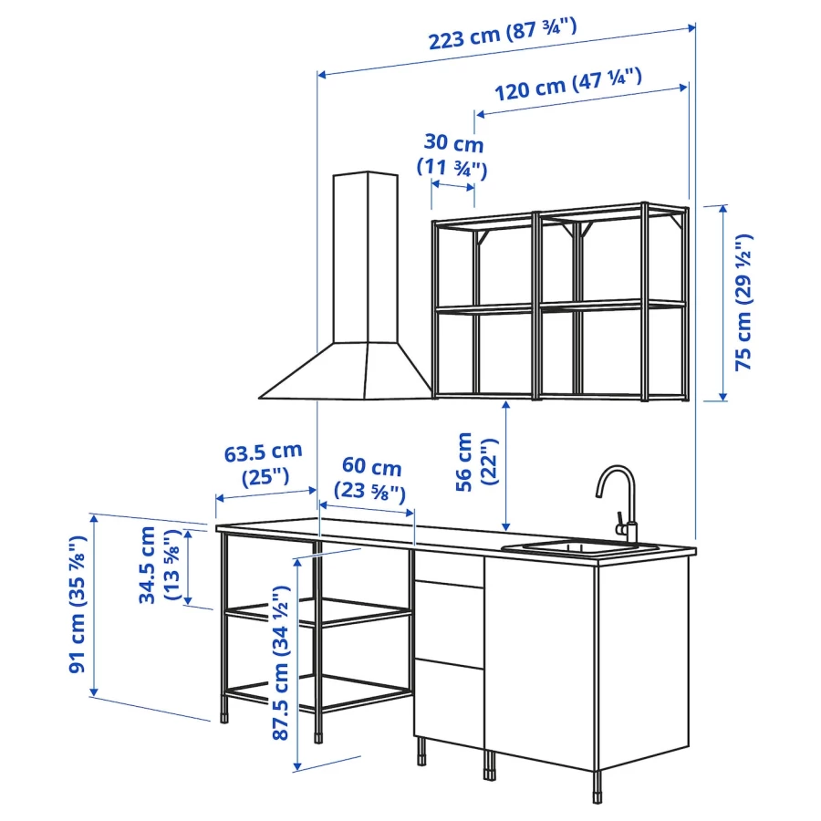 Кухонная комбинация для хранения - ENHET  IKEA/ ЭНХЕТ ИКЕА, 223х63,5х222 см, белый/черный (изображение №3)