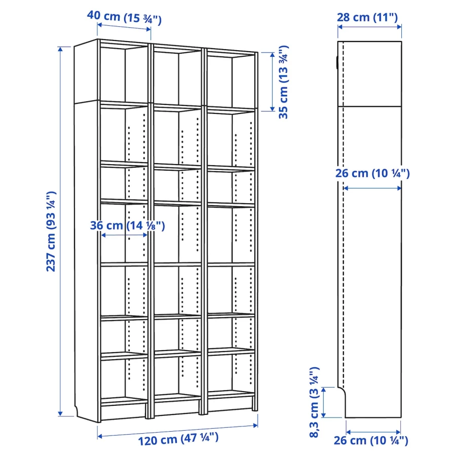 Книжный шкаф -  BILLY IKEA/ БИЛЛИ ИКЕА, 120х28х237 см,под беленый дуб (изображение №9)
