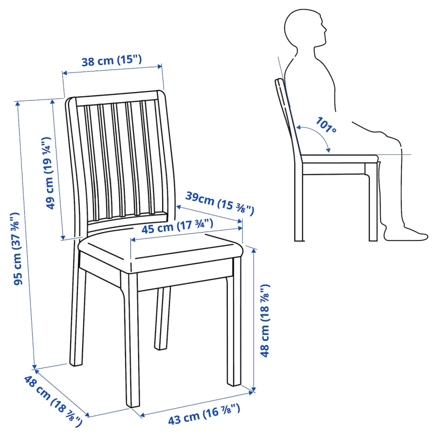 Деревянный стул с мягкой обивкой - EKEDALEN IKEA/ ЭКЕДАЛЕН ИКЕА, 95х45х51 см, белый/голубой (изображение №6)
