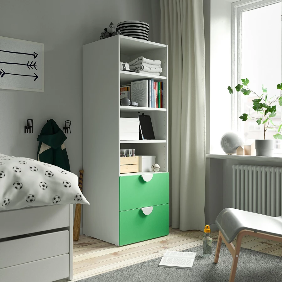 Детский книжный шкаф - PLATSA/SMÅSTAD IKEA/ПЛАЦА/СМОСТАД ИКЕА, 57х60х181 см, белый/зеленый (изображение №2)