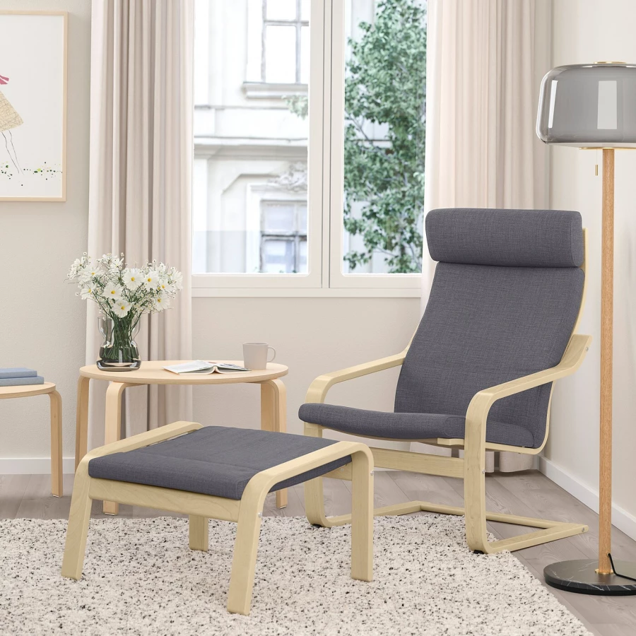 Кресло-качалка и пуф - IKEA POÄNG/POANG, 68x82x100см, бежевый/светло-коричневый, ПОЭНГ ИКЕА (изображение №2)