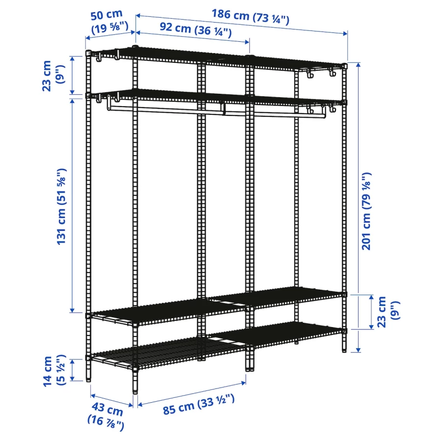 Гардеробная система - IKEA OMAR, 186х50х201 см, оцинкованная сталь, ОМАР ИКЕА (изображение №5)