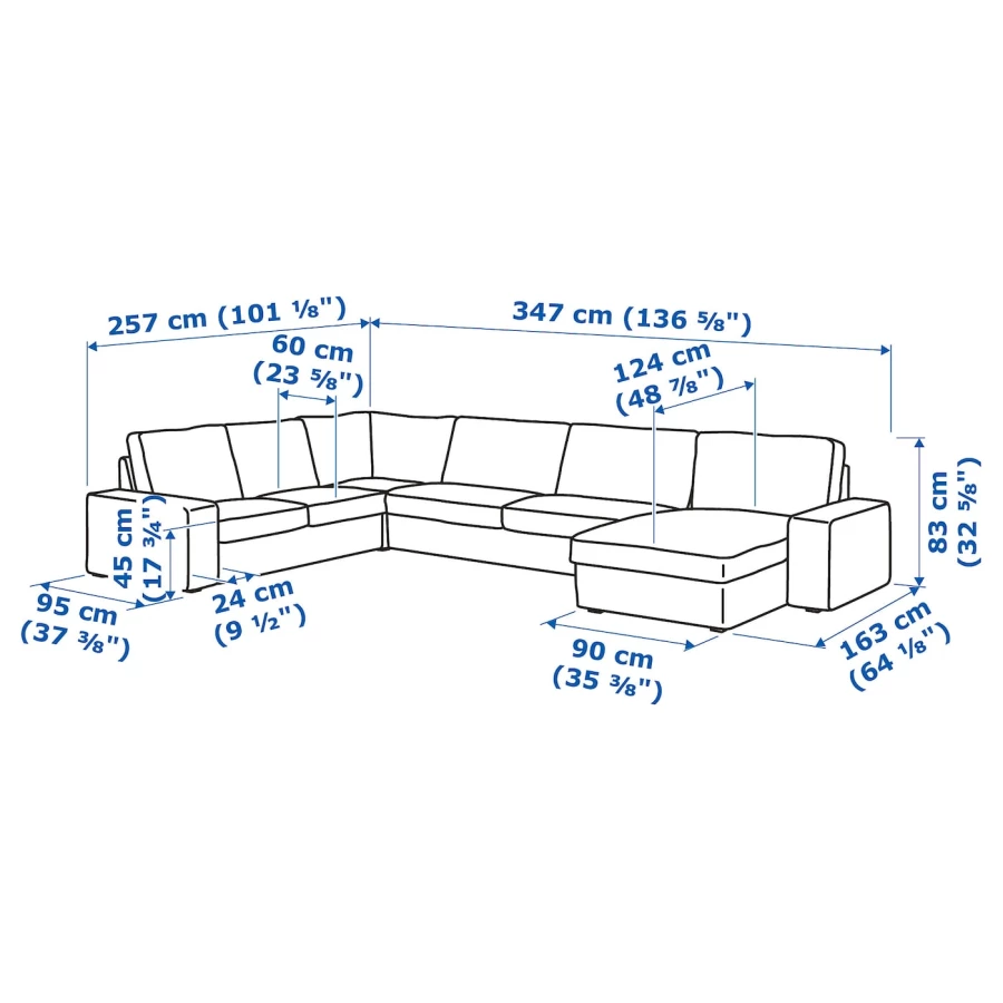 4-местный угловой диван и кушетка - IKEA KIVIK, 83x95x257/347см, серый, КИВИК ИКЕА (изображение №8)