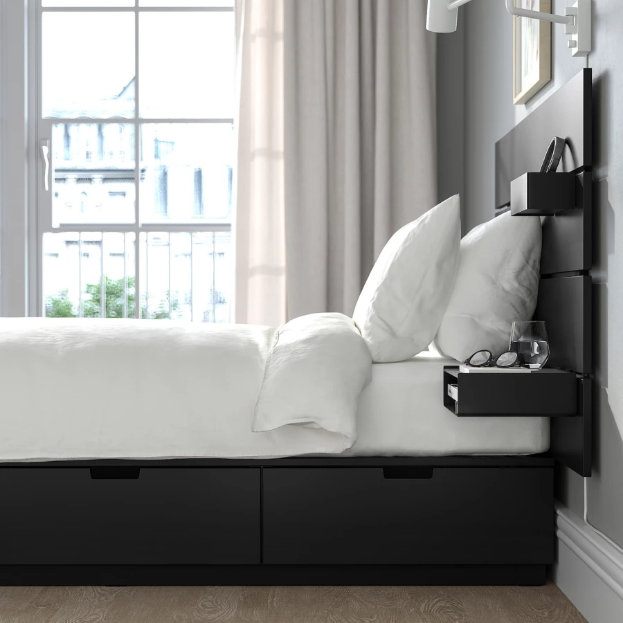 Каркас кровати с местом для хранения и матрасом - IKEA NORDLI, 200х90 см, матрас жесткий, черный, НОРДЛИ ИКЕА (изображение №6)