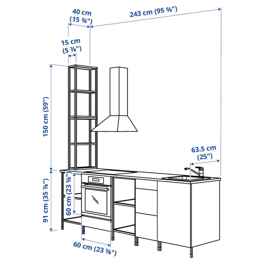 Комбинация для кухонного хранения  - ENHET  IKEA/ ЭНХЕТ ИКЕА, 243x63,5x241 см, белый/бежевый/черный (изображение №3)