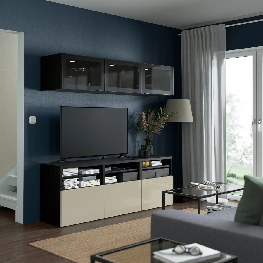 Комбинация для хранения ТВ - IKEA BESTÅ/BESTA, 192x42x180см, черный/светло-коричневый, БЕСТО ИКЕА (изображение №3)
