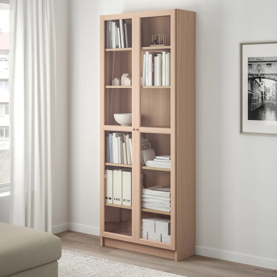 Книжный шкаф со стеклянной дверцей - BILLY/OXBERG IKEA/ БИЛЛИ/ОКСБЕРГ ИКЕА, 30х80х202 см, светло-коричневый (изображение №2)
