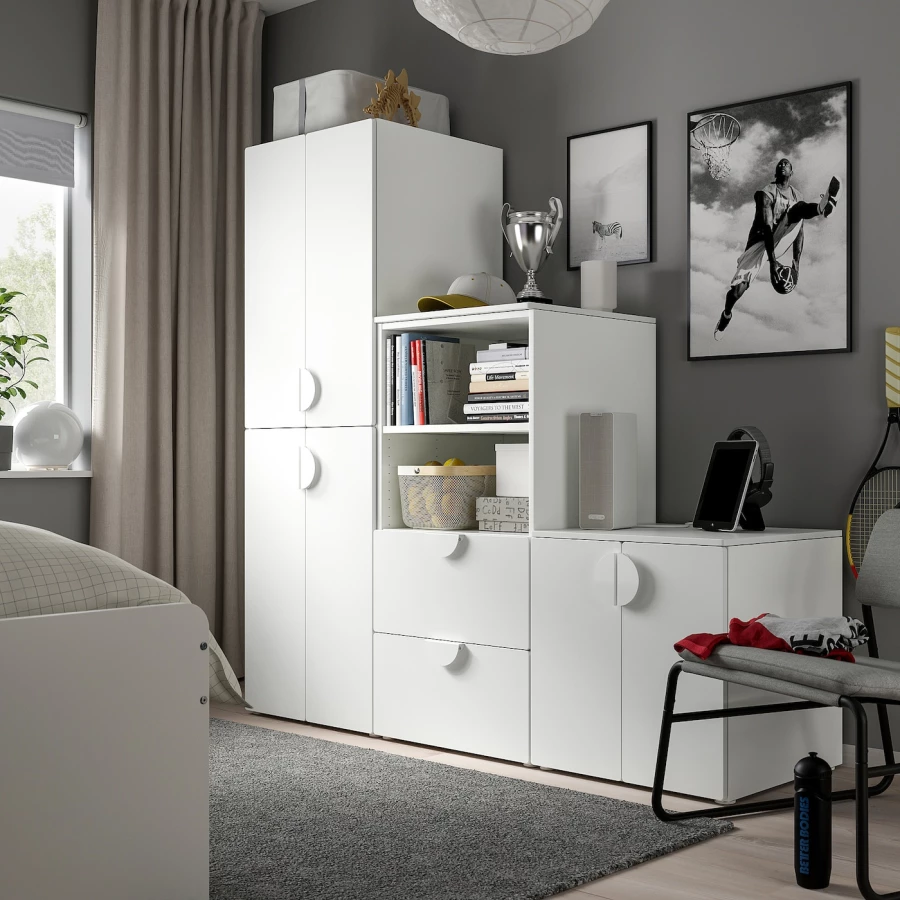 Детская гардеробная комбинация - IKEA PLATSA SMÅSTAD/SMASTAD, 181x57x180см, белый, ПЛАТСА СМОСТАД ИКЕА (изображение №2)