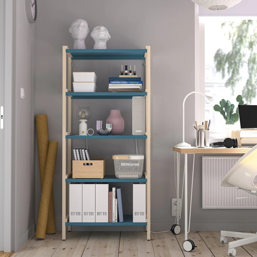 Стеллаж - IKEA EKENABBEN, 70х34х154 см, голубой/под беленый дуб, ЭКЕНАББЕН ИКЕА (изображение №2)