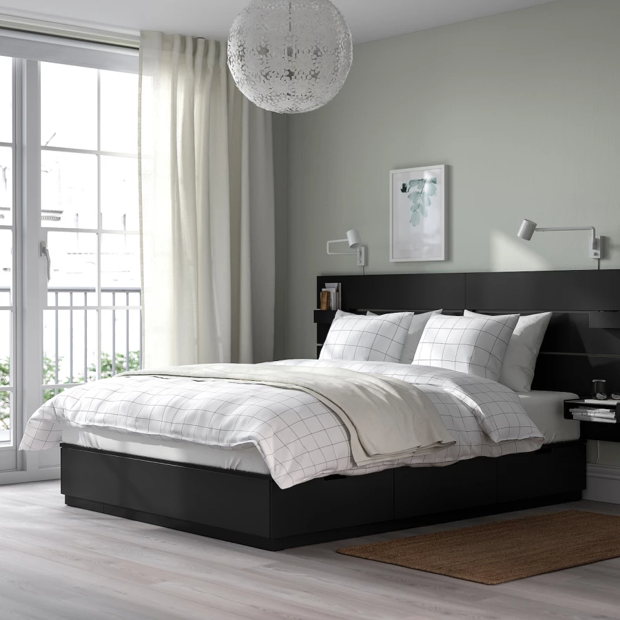Каркас кровати с контейнером и матрасом - IKEA NORDLI, 200х140 см, черный, НОРДЛИ ИКЕА (изображение №5)