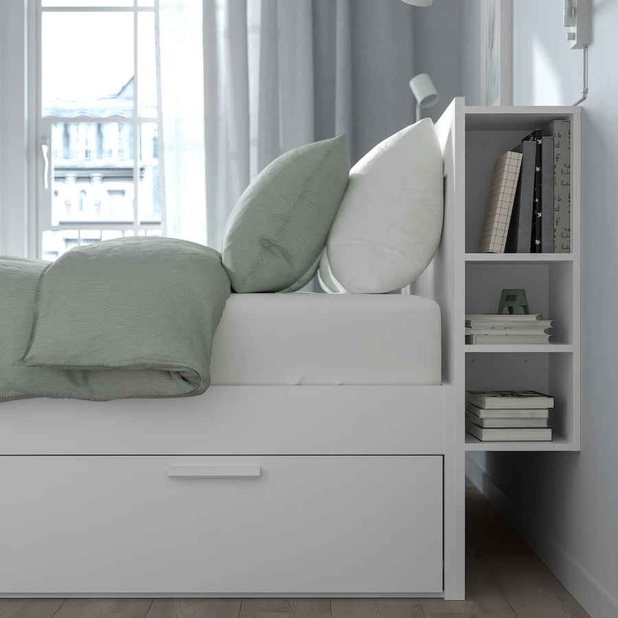 Каркас кровати с изголовьем - IKEA BRIMNES/LINDBÅDEN/LINDBADEN, 160х200 см, белый, БРИМНЭС/БРИМНЕС/ЛИНДБАДЕН ИКЕА (изображение №6)