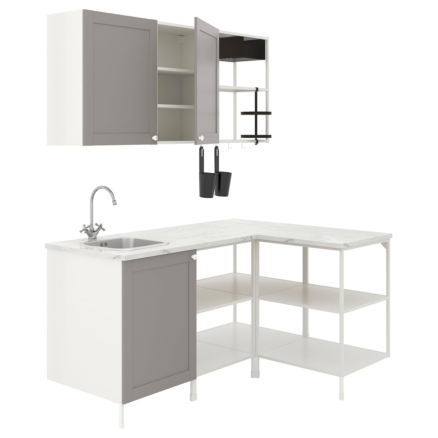 Угловая кухонная комбинация для хранения - ENHET  IKEA/ ЭНХЕТ ИКЕА, 181,5х121,5х75 см, белый/серый