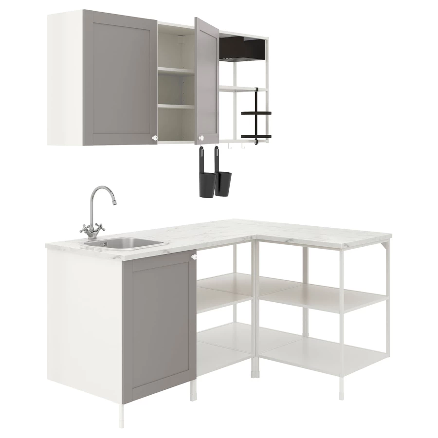 Угловая кухонная комбинация для хранения - ENHET  IKEA/ ЭНХЕТ ИКЕА, 181,5х121,5х75 см, белый/серый (изображение №1)