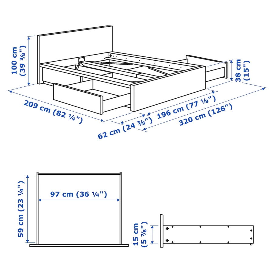 Каркас кровати с 4 ящиками для хранения - IKEA MALM, 200х180 см, под беленый дуб, МАЛЬМ ИКЕА (изображение №12)
