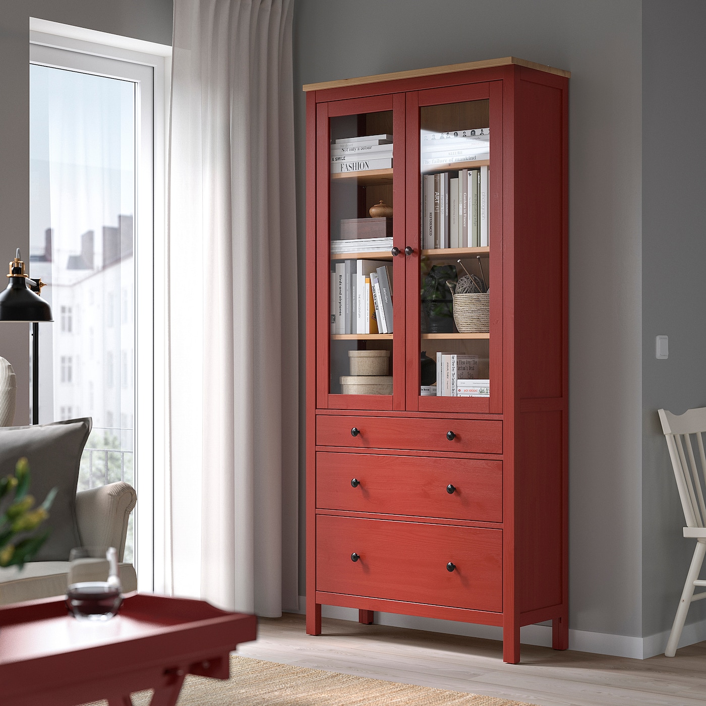 Шкаф со стеклянными дверцами - IKEA HEMNES, 90 x 197см, белый