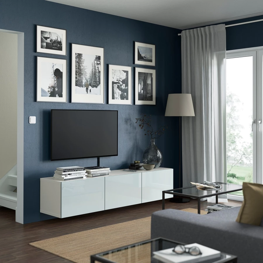 Тумба под ТВ с дверцами - IKEA BESTÅ/BESTA/БЕСТО ИКЕА, 42х38х180 см, белый/серо-голубой (изображение №3)