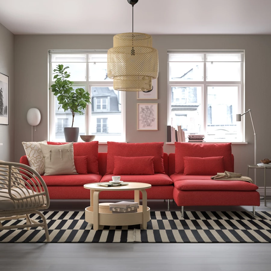 4-местный угловой диван с шезлонгом - IKEA SÖDERHAMN/SODERHAMN/СЁДЕРХАМН ИКЕА, 291/151х69х99 см, красный (изображение №2)
