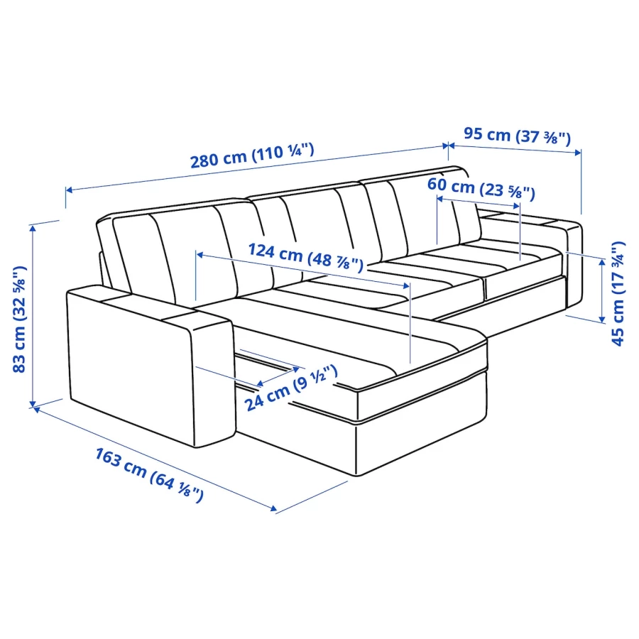 2-местный диван и кушетка - IKEA KIVIK/КИВИК ИКЕА, 83х280х95(163) см, серый (изображение №6)