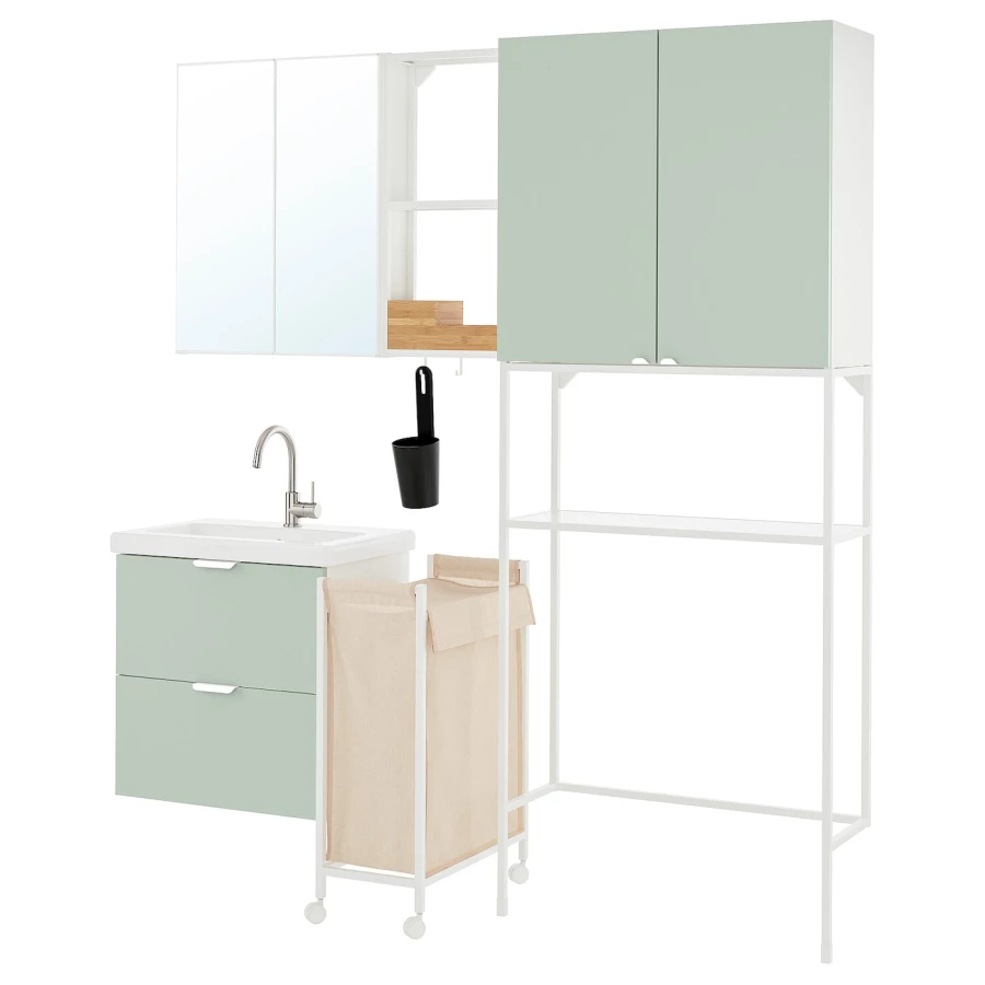 Комбинация для ванной - IKEA ENHET,  180x43x204 см, белый/серо-зеленый, ЭНХЕТ ИКЕА (изображение №1)