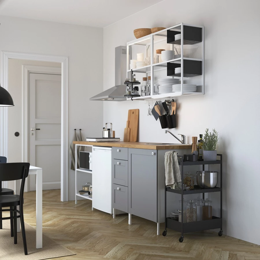 Кухонная комбинация для хранения вещей - ENHET  IKEA/ ЭНХЕТ ИКЕА, 223х63,5х222 см, белый/серый/бежевый (изображение №2)