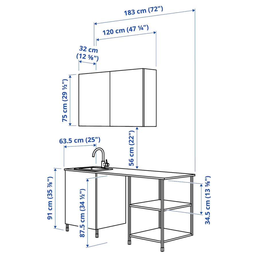 Комбинация для кухонного хранения  - ENHET  IKEA/ ЭНХЕТ ИКЕА, 183x63,5x222 см, белый/серый (изображение №3)