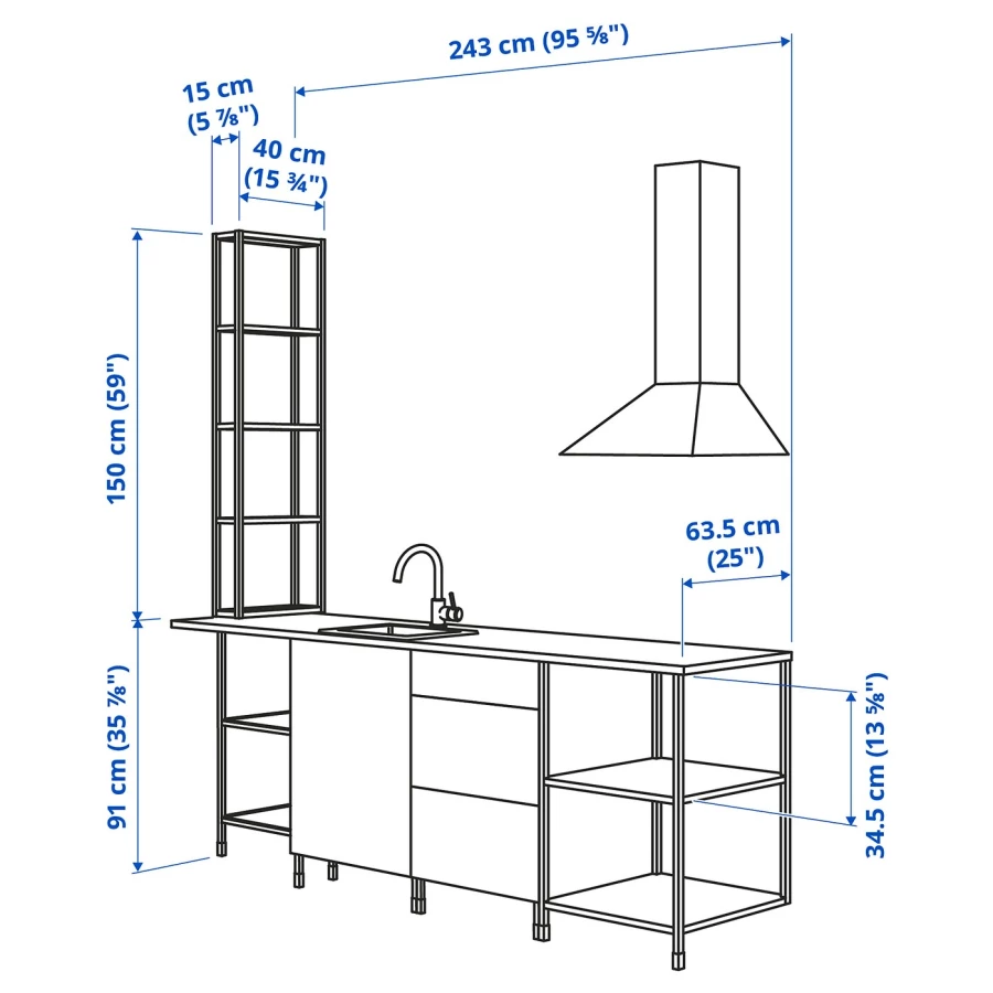 Комбинация для кухонного хранения  - ENHET  IKEA/ ЭНХЕТ ИКЕА, 243x63,5x241 см, белый/серый (изображение №3)