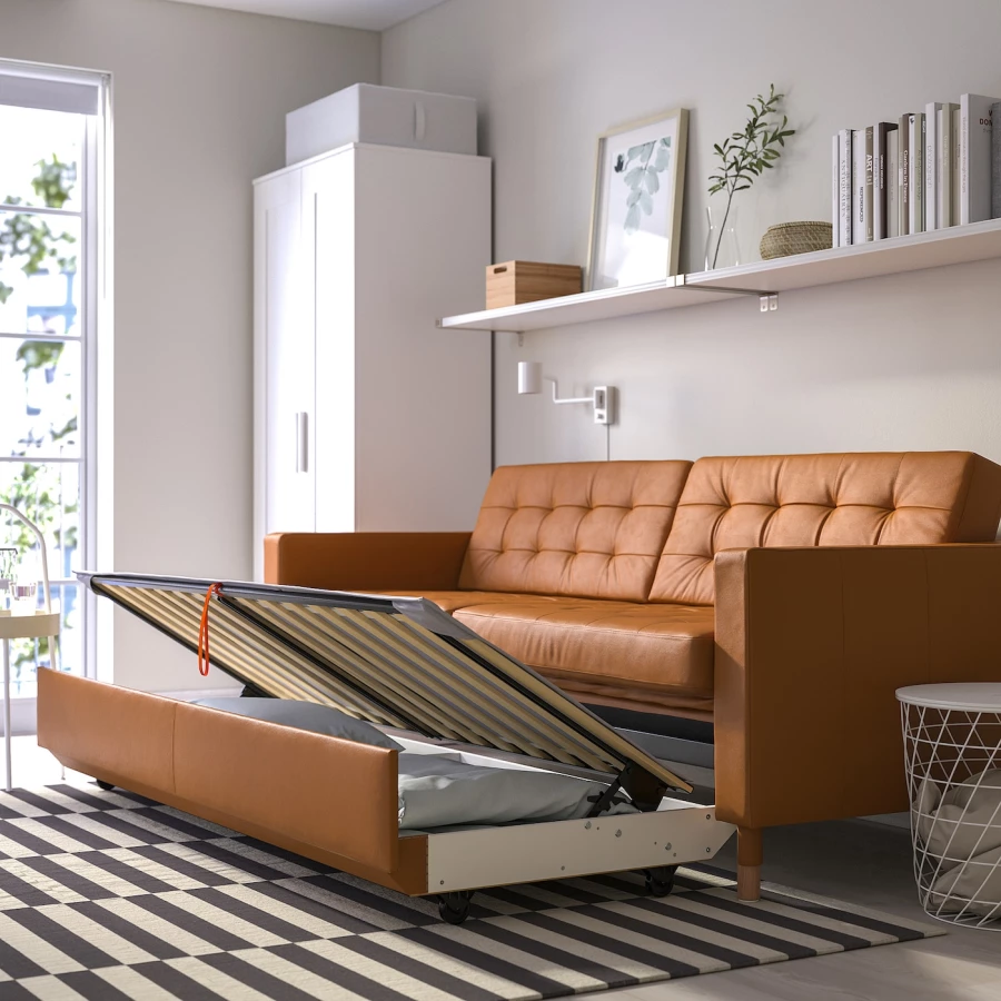 3-местный диван-кровать - IKEA LANDSKRONA, 84x92x223см, оранжевый, кожа, ЛАНДСКРУНА ИКЕА (изображение №3)