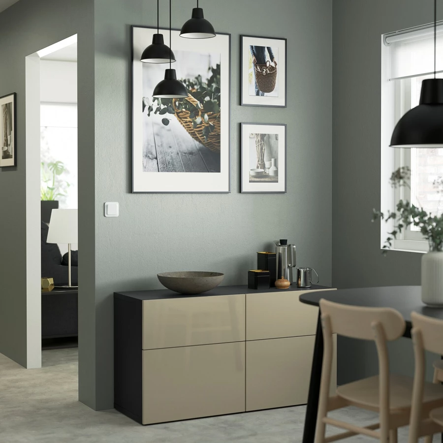 Комбинация для хранения - IKEA BESTÅ/BESTA, 120х42х65 см, черно-коричневый/бежевый глянец, БЕСТО ИКЕА (изображение №3)