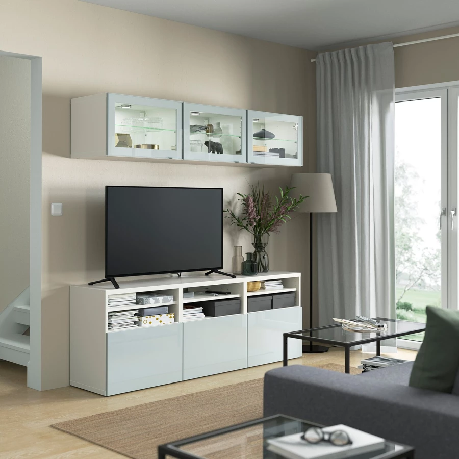 Комбинация для хранения ТВ - IKEA BESTÅ/BESTA, 192x42x180см, белый/голубой, БЕСТО ИКЕА (изображение №3)