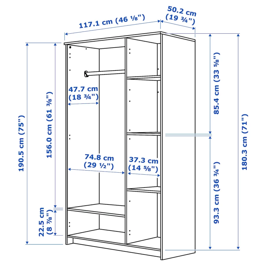 Шкаф платяной 3-дверный - IKEA BRIMNES/БРИМНЭС/БРИМНЕС ИКЕА, 117х190 см, белый, (изображение №8)