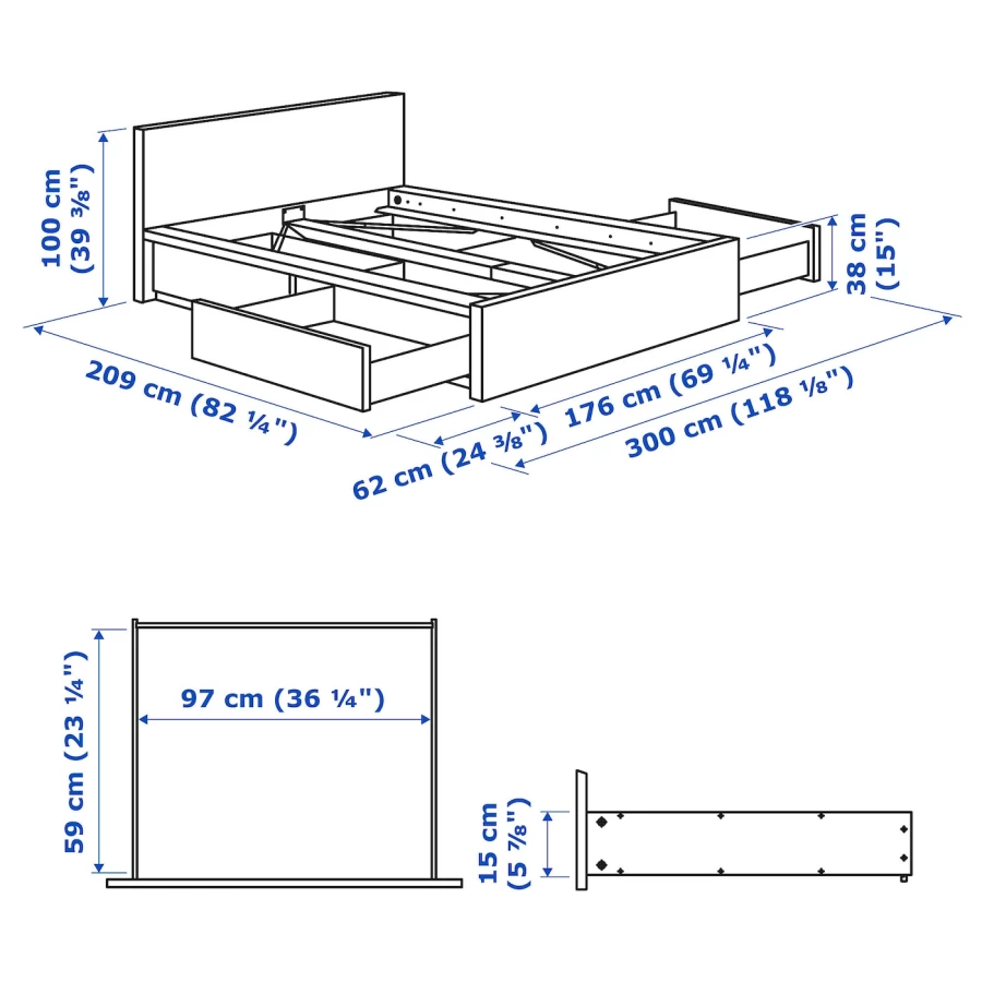 Каркас кровати с 4 ящиками - IKEA MALM/МАЛЬМ ИКЕА, 176x200 см, синий (изображение №11)