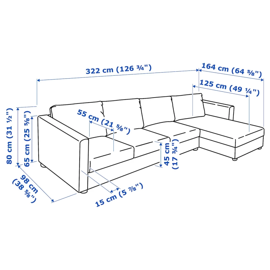 4-местный диван с шезлонгом - IKEA VIMLE, 322х98х80 см, черный, кожа, ВИМЛЕ ИКЕА (изображение №8)
