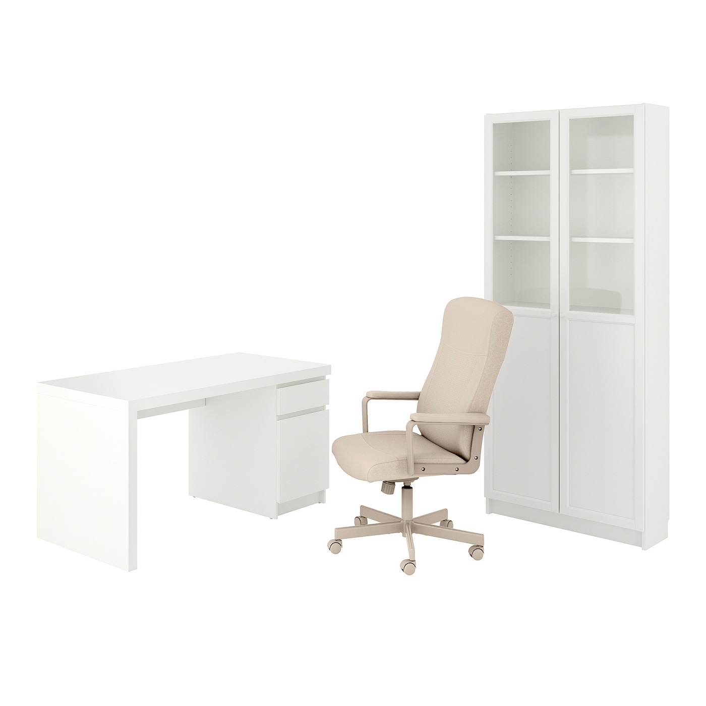 Комбинация: стол, кресло и шкаф - IKEA MALM/MILLBERGET/ BILLY/OXBERG, 140х65 см, 202х80х30 см, белый/бежевый  МАЛЬМ/МИЛЛБЕРГЕТ/БИЛЛИ/ОКСБЕРГ ИКЕА