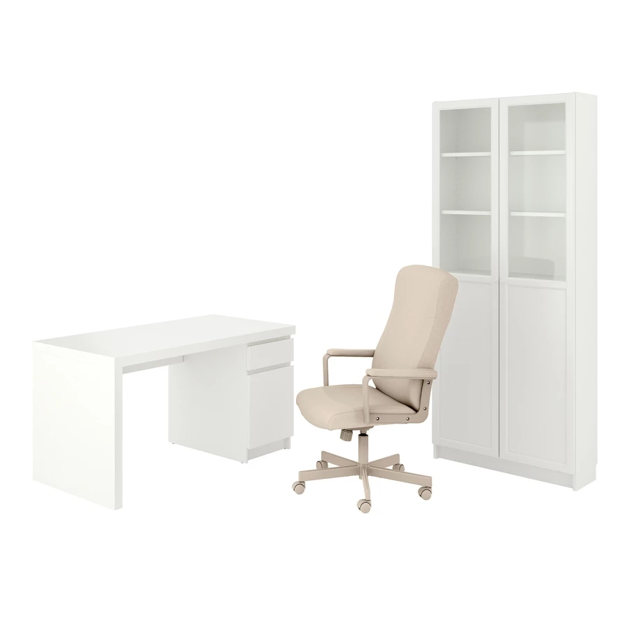 Комбинация: стол, кресло и шкаф - IKEA MALM/MILLBERGET/ BILLY/OXBERG, 140х65 см, 202х80х30 см, белый/бежевый  МАЛЬМ/МИЛЛБЕРГЕТ/БИЛЛИ/ОКСБЕРГ ИКЕА (изображение №1)
