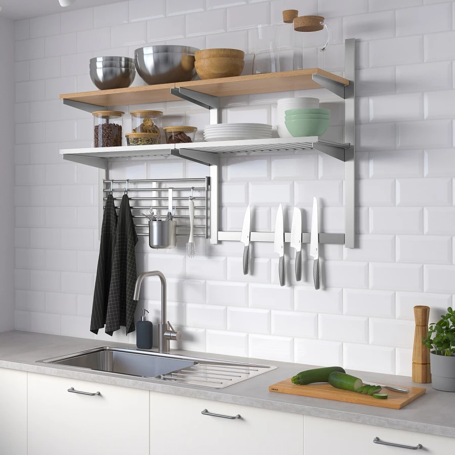 Система полок для кухни - IKEA KUNGSFORS, 124х32х80 см, нержавеющая сталь/ясеневый шпон, КУНГСФОРС ИКЕА (изображение №2)