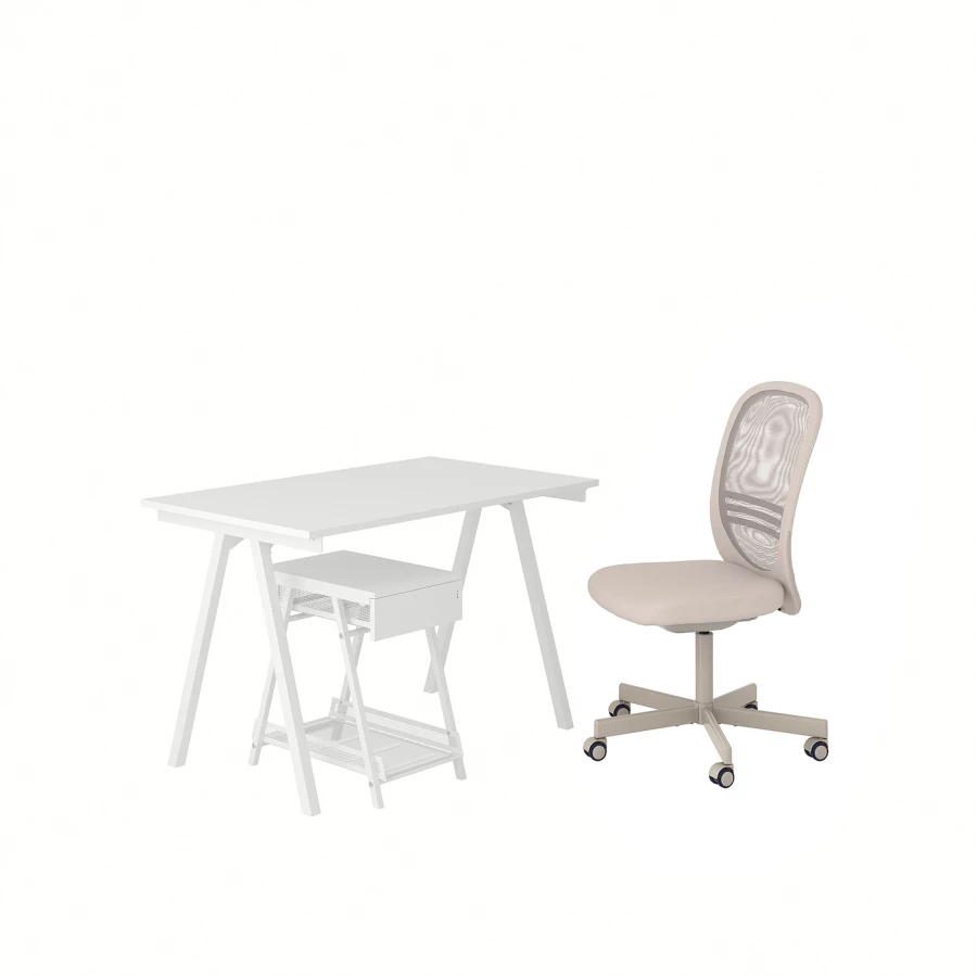 Комбинация для хранения, стол и кресло - IKEA TROTTEN/FLINTAN, 120х70 см, 56х47х34 см, бело-бежевый ТРОТТЕН/ФЛИНТАН ИКЕА (изображение №1)