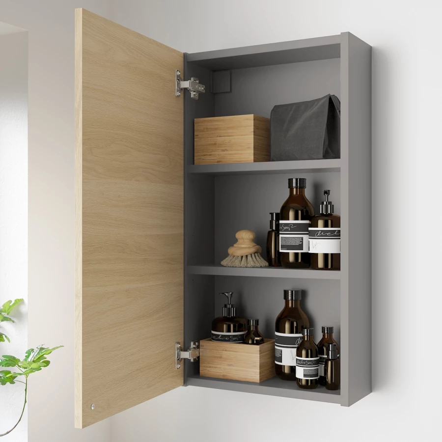 Настенный шкаф для ванной комнаты - ENHET IKEA/ ЭНХЕТ ИКЕА, 40x15x75 см, серый/бежевый (изображение №2)