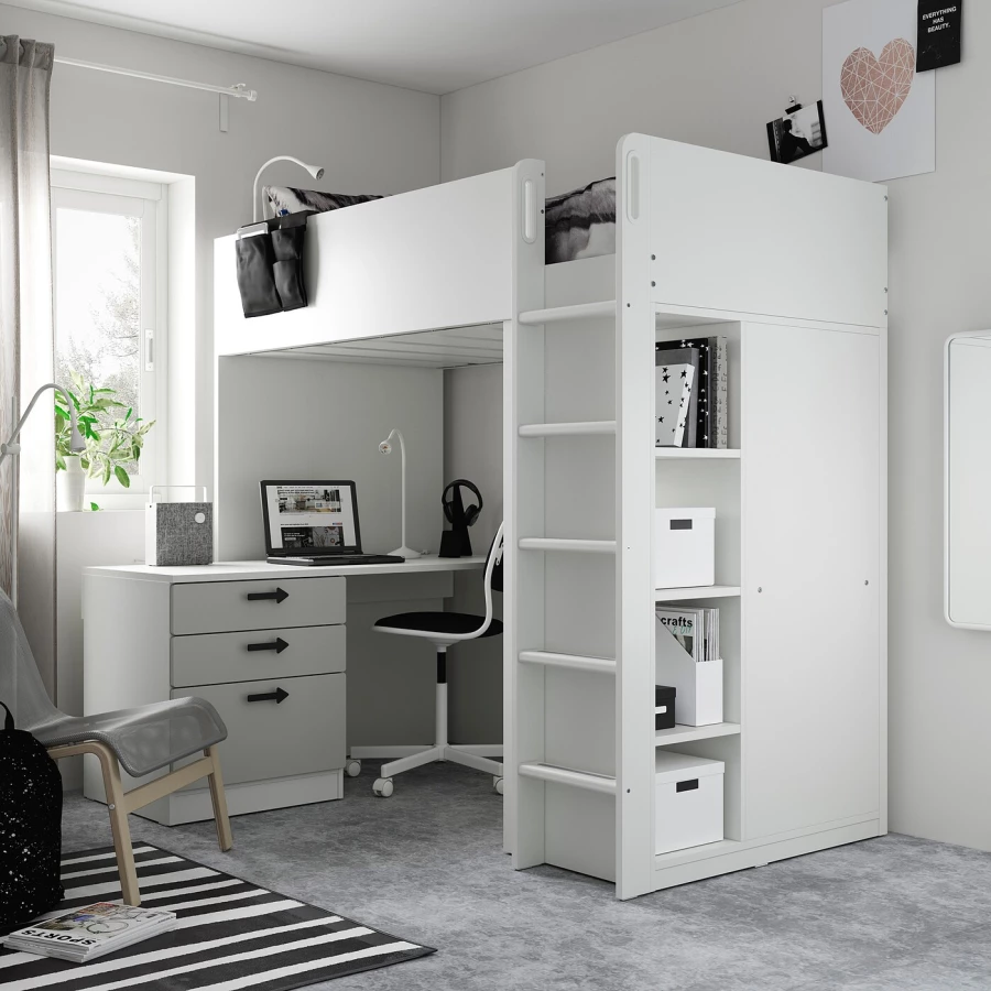Кровать двухъярусная - IKEA SMÅSTAD/SMASTAD/СМОСТАД ИКЕА, 90x200 см, белый/серый (изображение №2)
