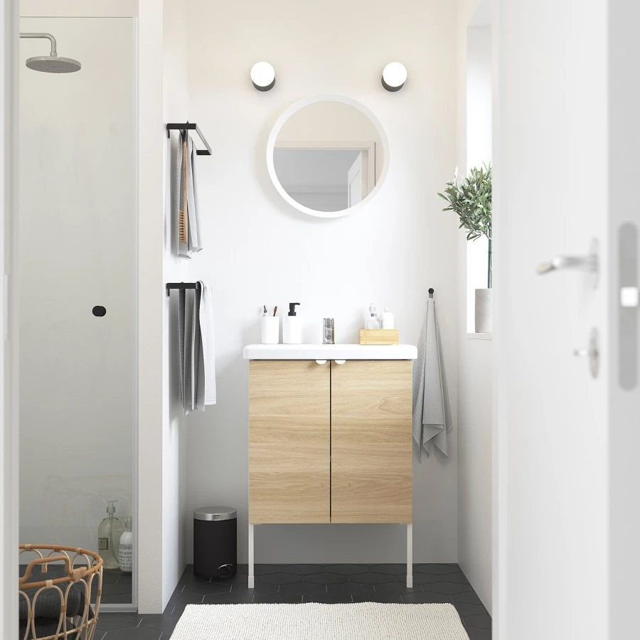Шкаф под умывальник с 2 дверцами - ENHET / TVÄLLEN IKEA/ЭНХЕТ/ТВЕЛЛЕН ИКЕА,  87х64 см, белый/бежевый (изображение №2)