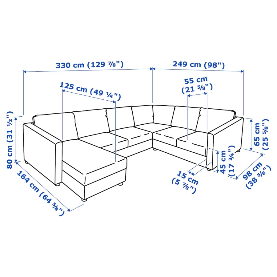 5-местный угловой диван с шезлонгом - IKEA VIMLE/GRANN/BOMSTAD, черный, кожа, 330/249х164/98х83 см, ВИМЛЕ/ГРАНН/БУМСТАД ИКЕА (изображение №8)