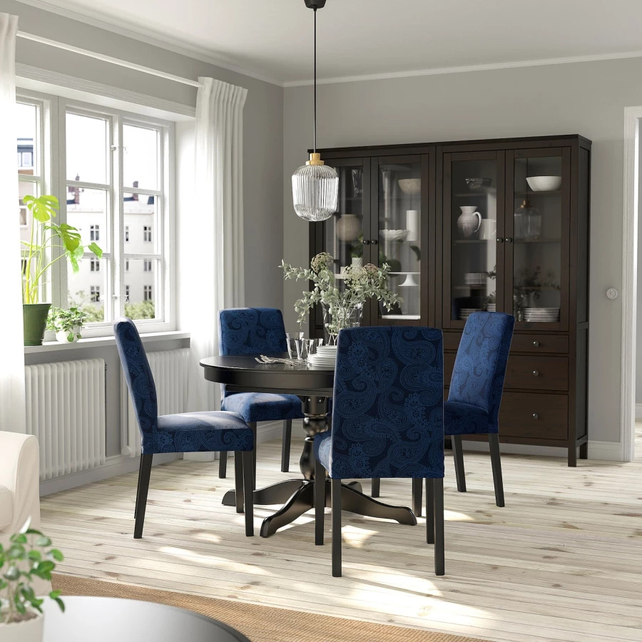 Стол и 4 стула - INGATORP / BERGMUND IKEA/ ИНГАТОРП/БЕРГМУНД ИКЕА, 110х87х74 см, синий с рисунком/коричневый (изображение №2)