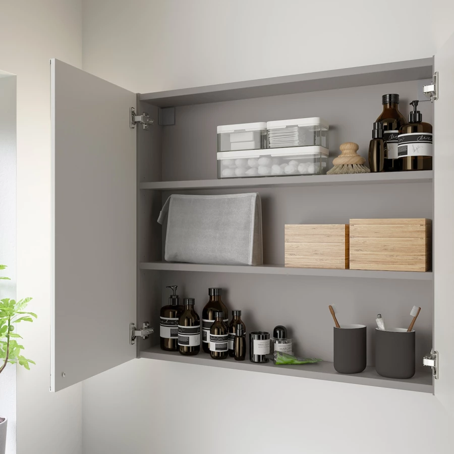 Настенный шкаф для ванной комнаты - ENHET IKEA/ ЭНХЕТ ИКЕА, 80х75х17 см, серый (изображение №3)